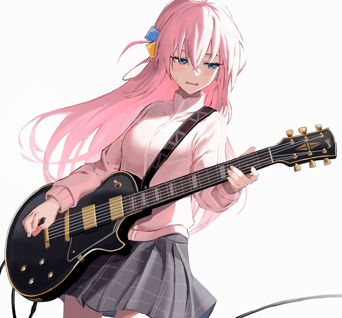 gotou hitori 1girl instrument guitar cube hair ornament pink hair solo electric guitar  illustration images
