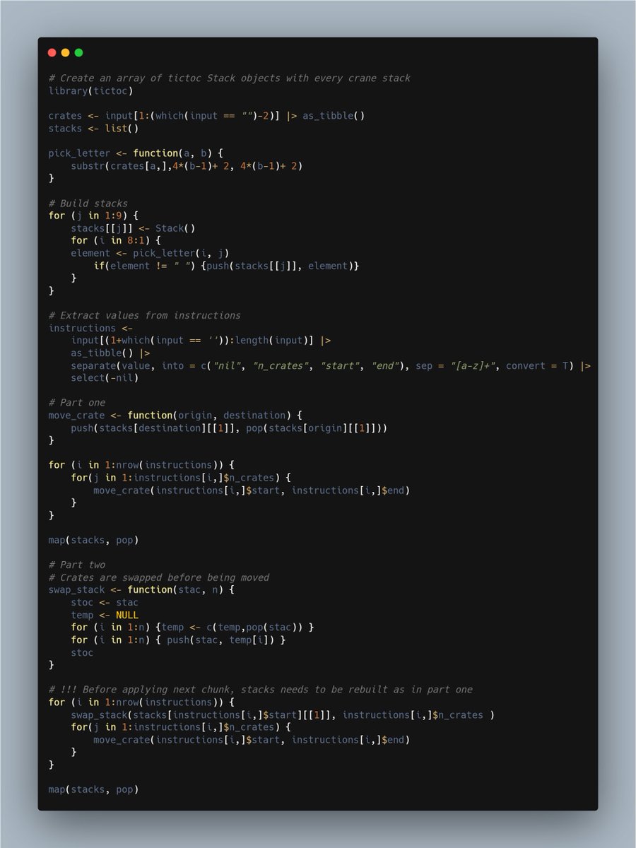 Day 5 #AdventOfCode #rstats
Solved using Stack objects from tictoc package.