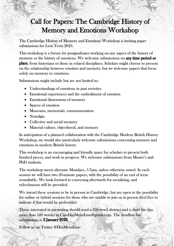 🚨 Our Lent Call for Papers is out! Submissions due January 3. Send us your abstracts from any discipline, time period, or place related to the history of memory or emotions, and share with your colleagues: