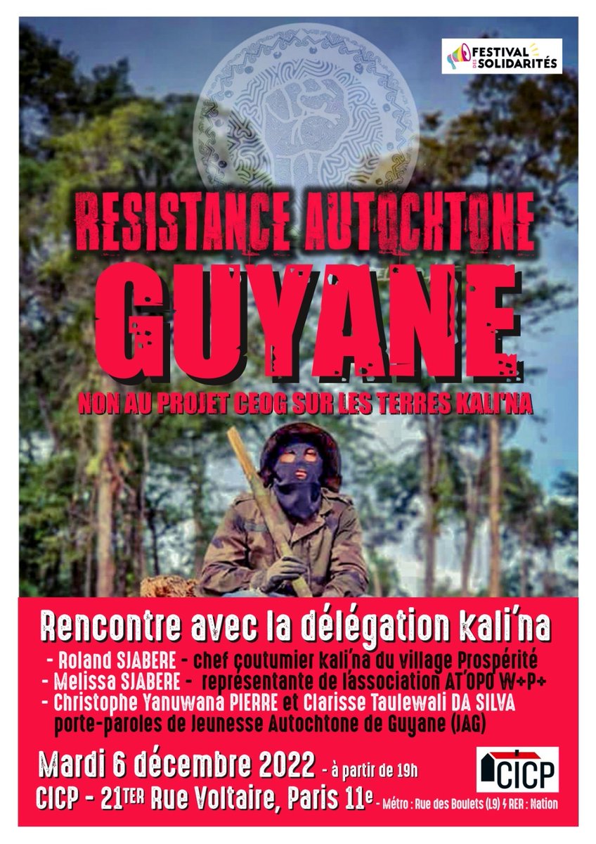 Ce mardi, rendez-vous au CICP à Paris pour rencontrer et échanger avec une délégation kali'na venue parler de la lutte contre la construction de la Centrale Electrique de l'Ouest Guyane (CEOG) sur leur territoire traditionnel.✊