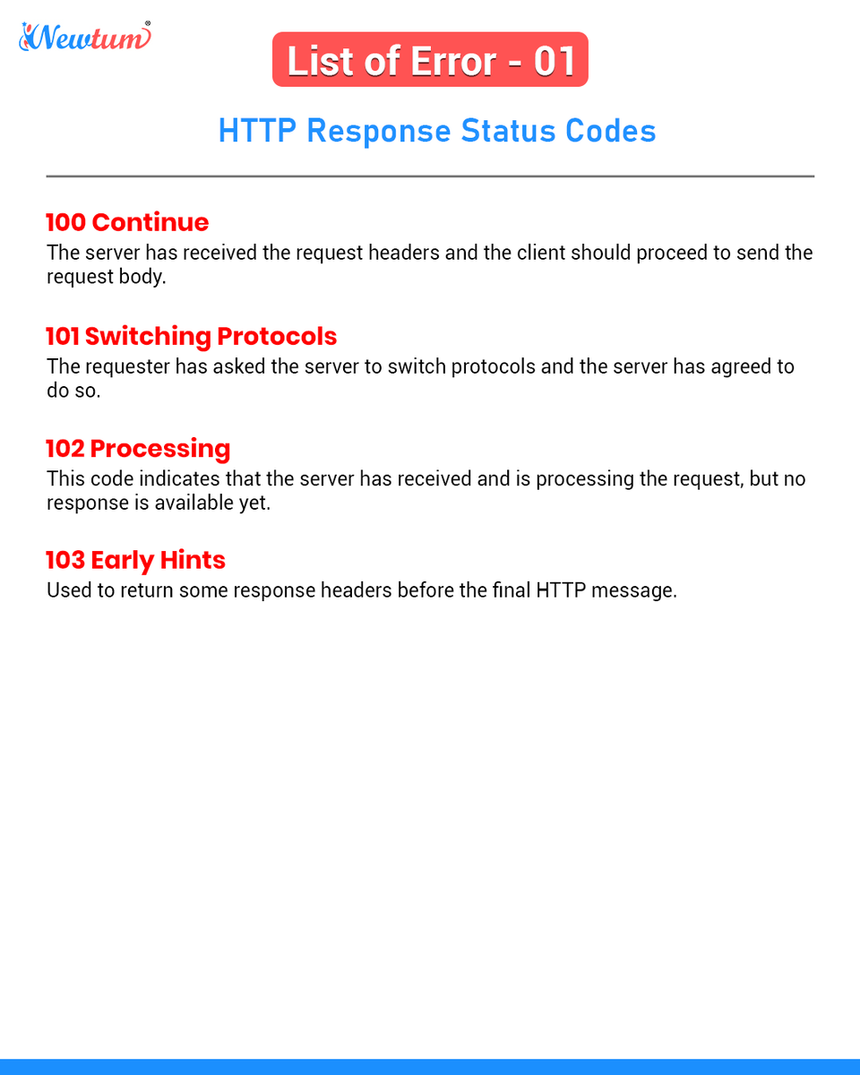NewtumSolutions's tweet photo. Http Response Status Code.

For more such error description
Follow  @newtum solution 

#coder #codelife #newtum #python #html #error #htmlhacks #csstricks #codingisfun #httperrors https://t.co/E3LMdPkDuH