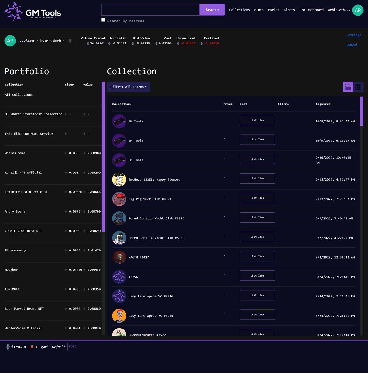 First version of our portfolio page is ready!
Get information about your portfolio value, broken down by collection along with your realized and potential P&amp;L!

You can also just search a portfolio by address.

Check your portfolio now at GM Tools!
app.gmtools.xyz/portfolio