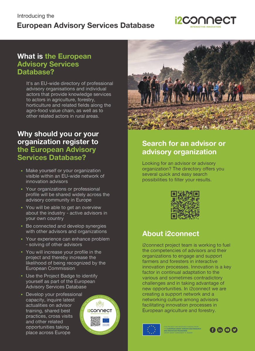 Come and register in #i2connect #Advisory #Service #database!
It is open to any advisor or advisory organisation that facilitates innovation processes in European #agriculture and #forestry!
👉 db.i2connect-h2020.eu

#AFASdatabase #advisors #agriculture #forestry #network #EU