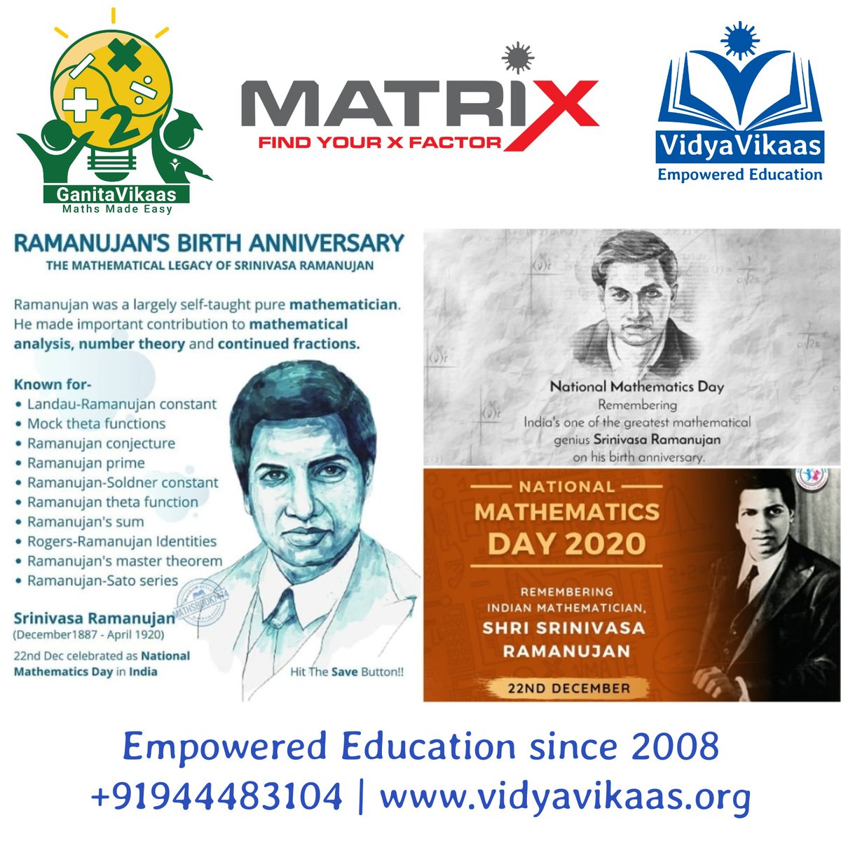 dharmabharatfdn's tweet photo. #GanitaVikaas
#Matrix2022, Find your X factor | Count down begins 

Remembering the legend Srinivasan Ramanujan 1

Empowered Education since 2008
https://t.co/pRxaditUbZ

#MathsMadeEasy #Ramanujan #NationalMathematicsDay #vidyavikaas #Maths https://t.co/zFXRPXiO5Z