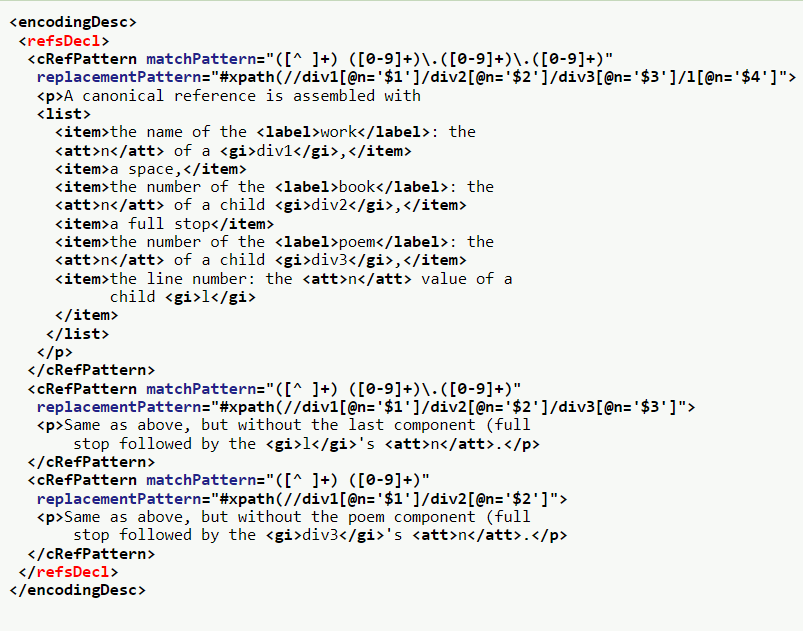 TEIconsortium's tweet photo. #TEI #ElementoftheDay <refsDecl> (references declaration) specifies how canonical references are constructed for this text - https://t.co/e8xGcHnFUx.
#TEICommunity #TEIChat #digitalhumanities #encoding https://t.co/gEcsWeSou7