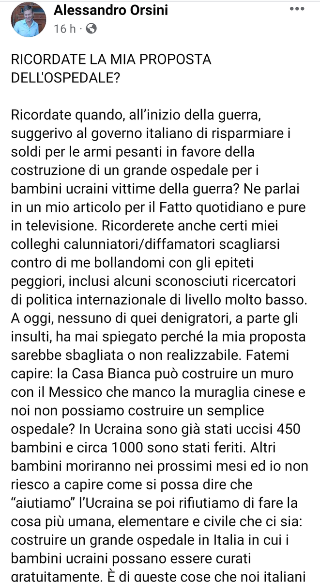 ChroniclesKiev's tweet photo. Rilancio, oltre all'ospedale per bambini, 1 per gli anziani e 1 per i malati cronici... chiunque può fare appelli lodevoli, purtroppo è tutto il resto della sua discussione che lascia a desiderare prof. #Orsini. 1/2 @orsiniufficiale #stoporsini #NASAMS #StopRussia https://t.co/P2hmLjOKiH