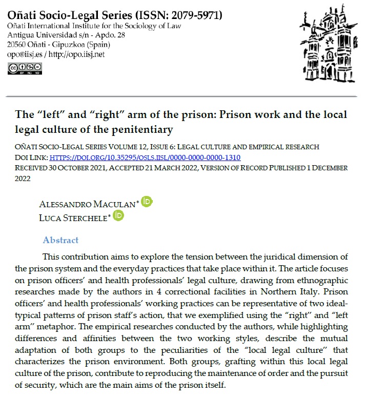 AMaculan_'s tweet photo. My new article "The "left" and "right" arm of the prison: Prison work and the local legal culture of the penitentiary" written with @lucasterchele9 has been published on Oñati Socio-Legal Series. Thanks to the editors @crlpennisi and Deborah De Felice

https://t.co/Gy6TtHIbim https://t.co/zXWljACh65