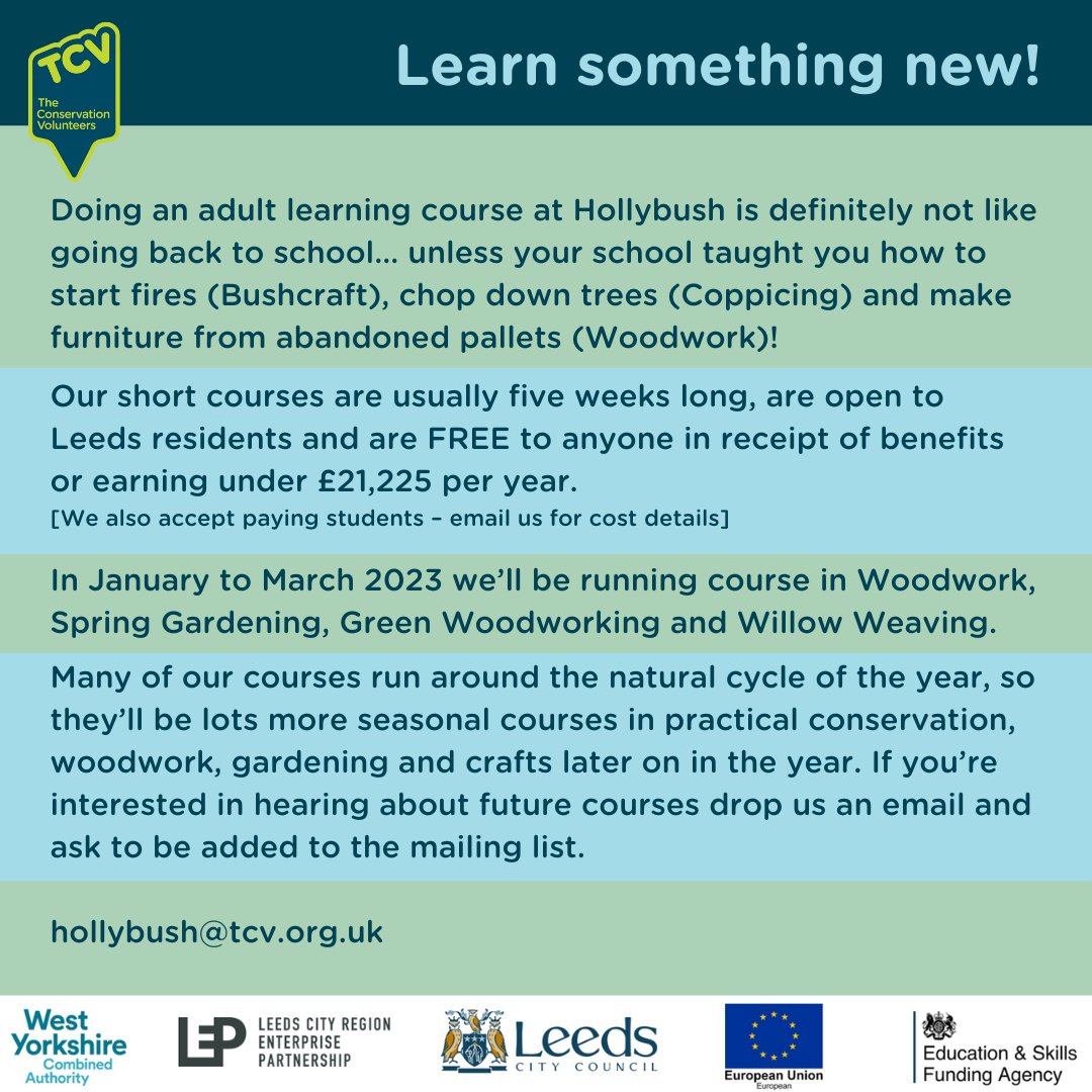 TCVhollybush's tweet photo. In December we’re sharing details of all the different ways you can get involved in the Hollybush community. Today our amazing Adult Learning Courses – why not start the new year by learning a new skill? #AdultLearning #FreeCourses #Gardening #Woodwork #PracticalConservation https://t.co/6SdWKOW2Ko