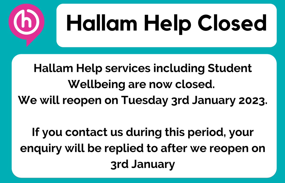Hallam Help services remain closed. We will reopen on Tuesday 3rd January 2023 for enquiries. If you email or message during this period we will respond in the New Year.
If you need support over the festive period visit shu.ac.uk/MyHallam/stude…