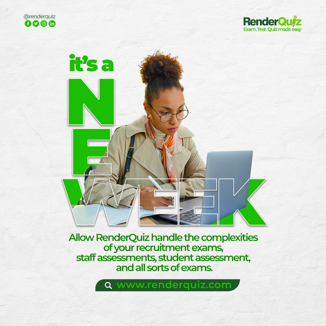 Renderquiz's tweet image. Allow us to handle the complexities involved in your examination process.

Visit renderquiz.com to register and get started.

#onlineexams #onlinetest #recruitmentmadeeasy #staffassessment #employeeengagement #student #lecturers #recruitmentagencies #schools
