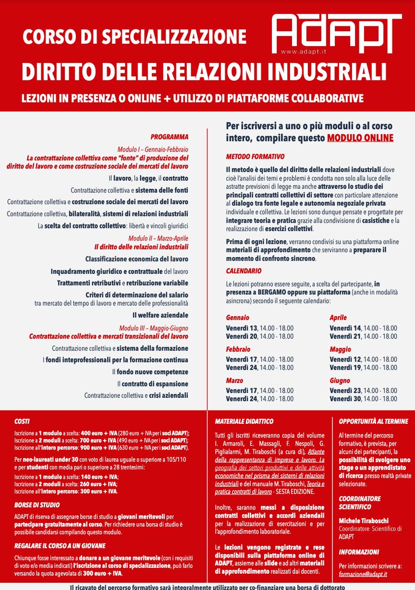 📢🔴Teoria e pratica del diritto delle relazioni industriali – II edizione

👨‍🏫Rivolto a consulenti, avvocati, sindacalisti, responsabili del personale e operatori del mercato del lavoro, studenti.

🗓️Quando? Gennaio - Giugno 2023
🔗Vuoi iscriverti? bollettinoadapt.it/corso-adapt-in…
