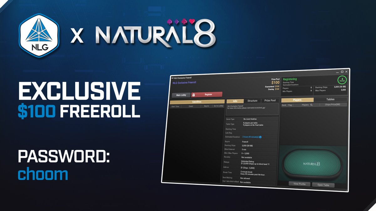 No Limit Gaming (@no_limit_gg) on Twitter photo The password for tonight's edition of the $100 <a href="/natural8/">Natural8 - Best Online Poker and Casino Games</a> freeroll is going to be: choom
Have a fun night of poker and best of luck π
#AllinforNLG The password for tonight's edition of the $100 <a href="/natural8/">Natural8 - Best Online Poker and Casino Games</a> freeroll is going to be: choom
Have a fun night of poker and best of luck π
#AllinforNLG