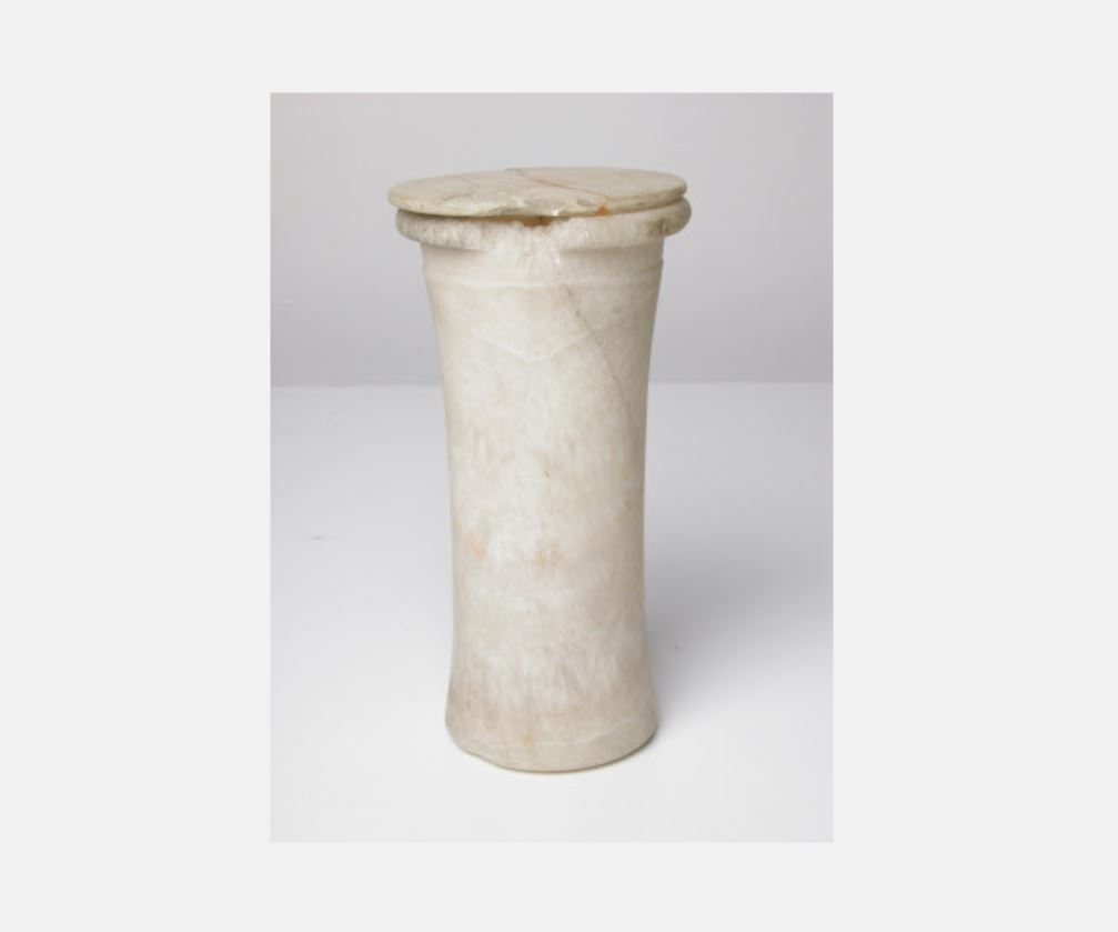☃ Digital Advent Calendar Day 18 ☃

This is one of the oldest items in the collection. This is an alabaster ancient Egyptian cylindrical unguent pot (3500-4000BC). This is on display in Green Room in the manor.