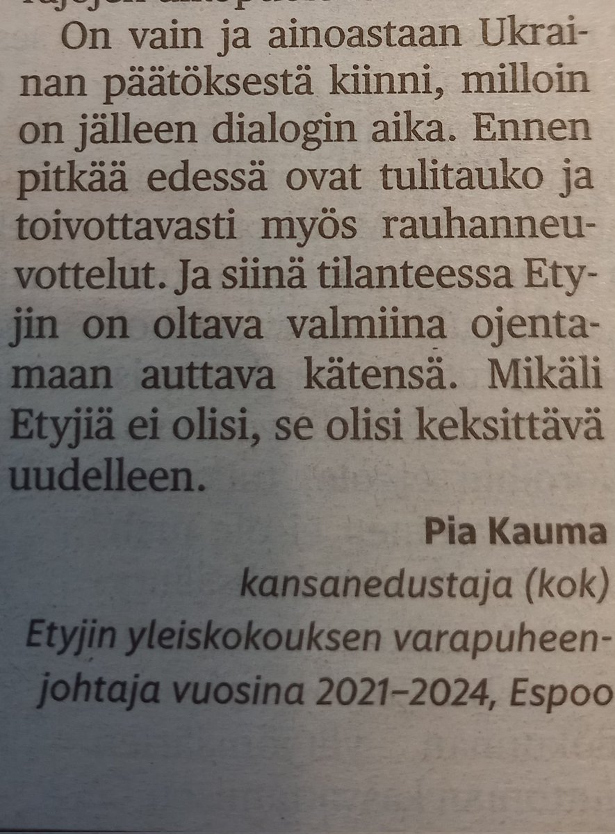 Muuten hyvähkö kirjoitus, mutta lopun väittämä väärä. Neuvotteluihin vaaditaan AINA hyökkäävän puolen halukkuus. <a href="/PiaKauma/">Pia Kauma</a>
