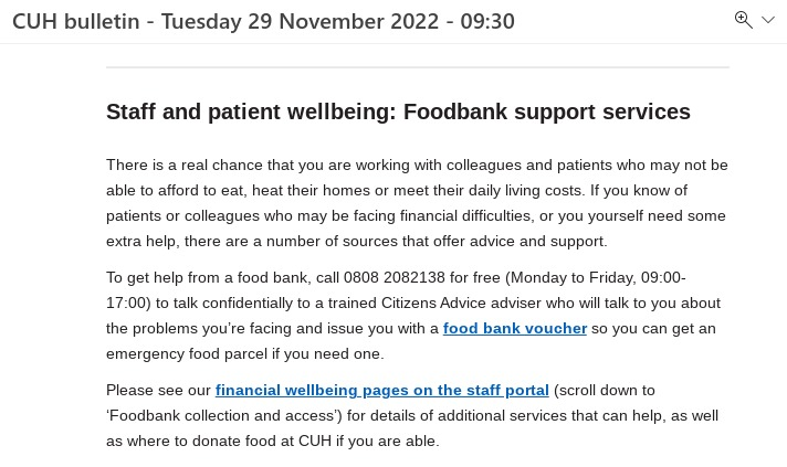 ERichardsGynae's tweet photo. In case anyone's wondering if the pay crisis in the NHS is real, here's my NHS trust advertising foodbanks to staff. (I appreciate the information being advertised, but this shouldn't be where the support ends.) @theRCN @TheBMA @MidwivesRCM @NHSEngland https://t.co/XGs8s5VOeK
