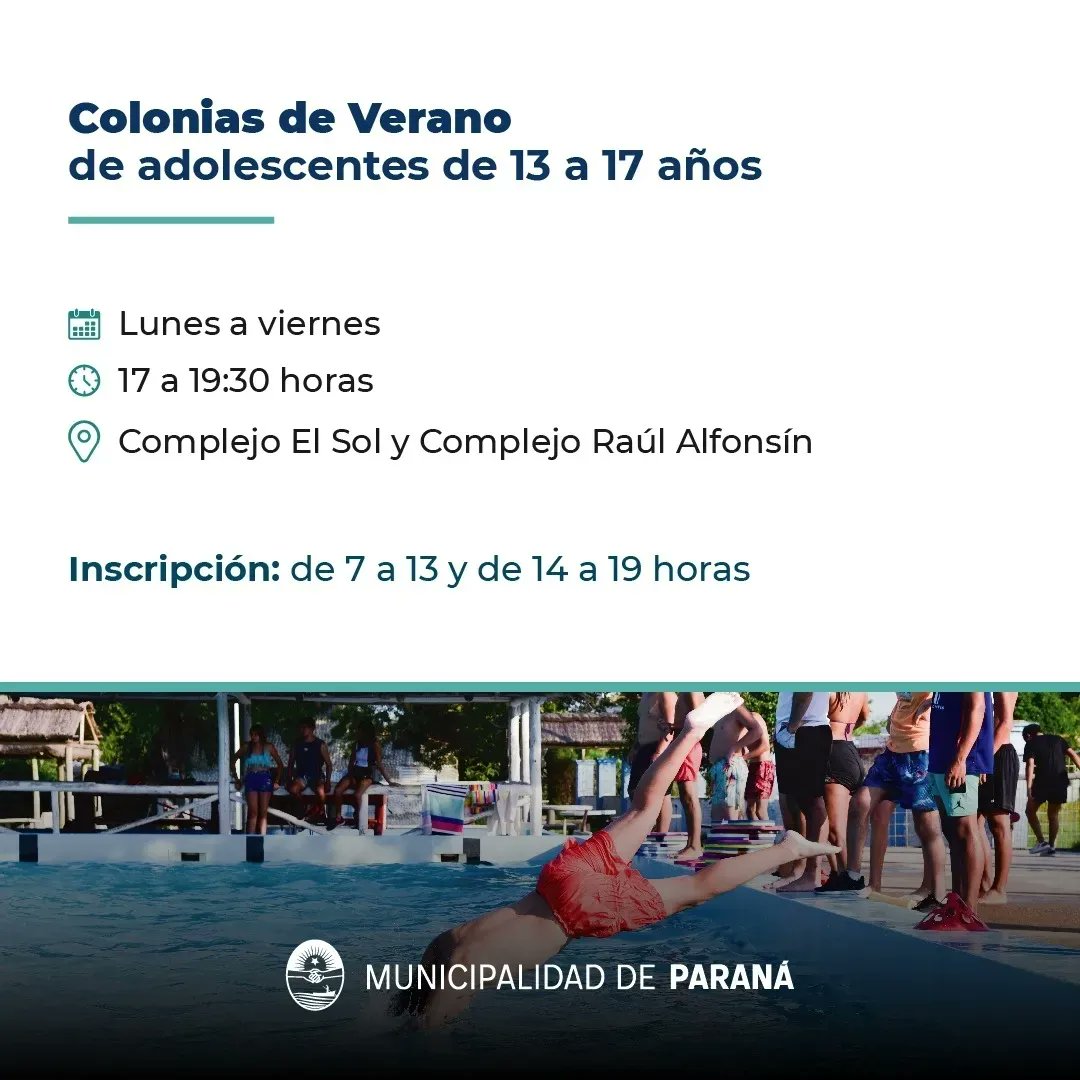 Arrancaron las inscripciones a las Colonias de Verano 🏊🏖️🙌🏼

Chequea las imágenes para saber donde inscribirte ⬆️

_____________
Más info en parana.gob.ar