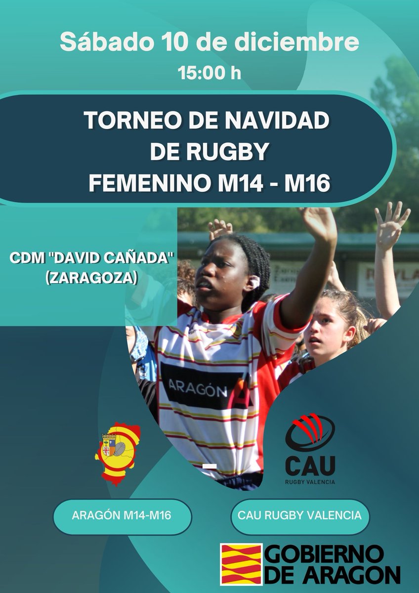 🏉 #Aragón XV M14-16 Femenino | 
🔜 TORNEO DE NAVIDAD DE RUGBY FEMENINO M14- M16
 🗓️ Sábado 10 diciembre

Empieza diciembre de la mejor manera,... no te pierdas el torneo navideño femenino M14- M16. 

<a href="/ferugby/">España Rugby</a>  <a href="/deporte_aragon/">deporte.aragon</a> <a href="/CaurugbyVLC/">Cau Rugby Valencia</a>