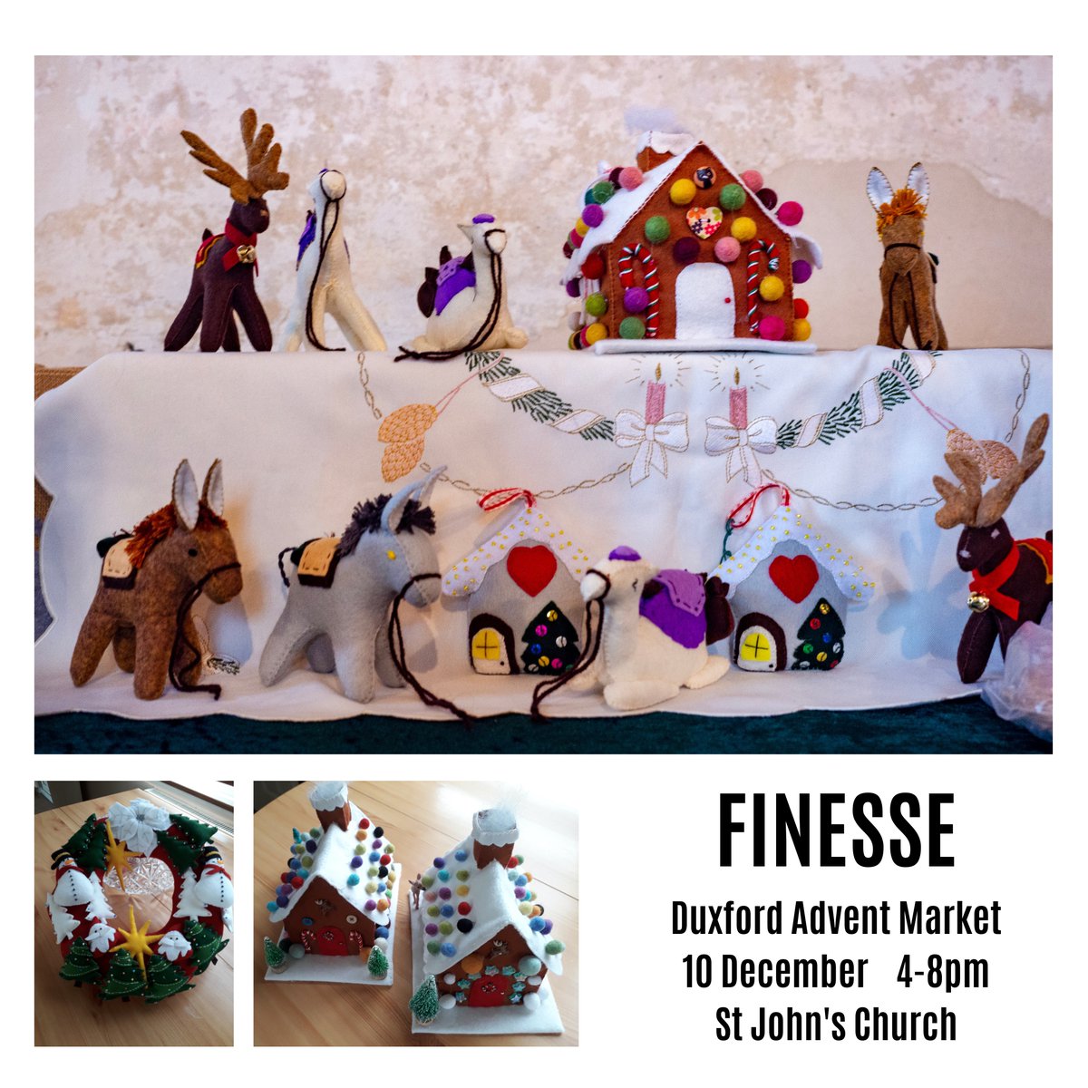 AdventMarket's tweet photo. This Saturday at 4pm, the Duxford Advent Market welcomes back Josette from "Finesse". Her beautiful felt creations with a Christmas twist are certain to delight young and old. Santa Claus himself will be there too in his north chapel grotto! Do come along. https://t.co/5O77Ho9BT9