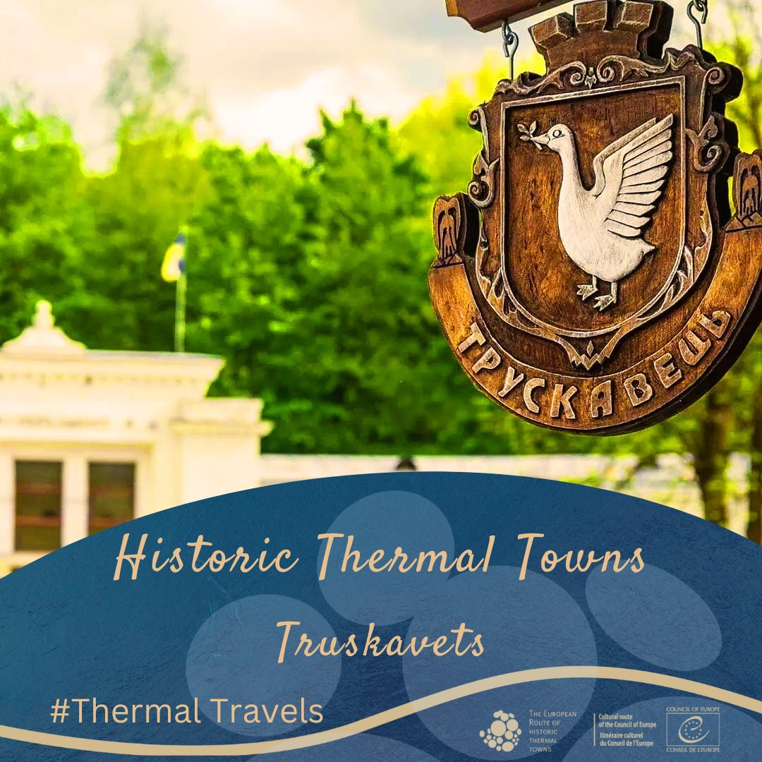 Our new member #Truskavets, #Ukraine is famous for its unique oily 'Naftusya' water. The town's coat of arms, a goose with a branch in its beak symbolises vigilance, kindness and health. #StandWithUkraine #HistoricThermalTowns #ThermalTravels #HistoricallyCurious #littledetails