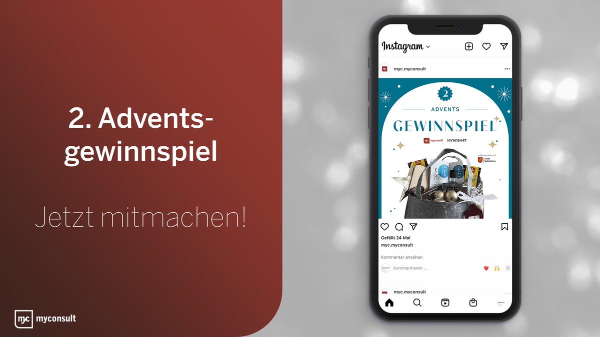 +++ 2. Adventsgewinnspiel! Jetzt mitmachen! +++

Dieses Mal verlosen wir gemeinsam mit unserem Partner, der Stadt Salzkotten, eine "Salzkottener Adventstasche".

Wenn Sie dabei sein wollen, schauen Sie gerne auf dem myconsult Instagram Account vorbei: instagram.com/p/ClyHRS1q64W/