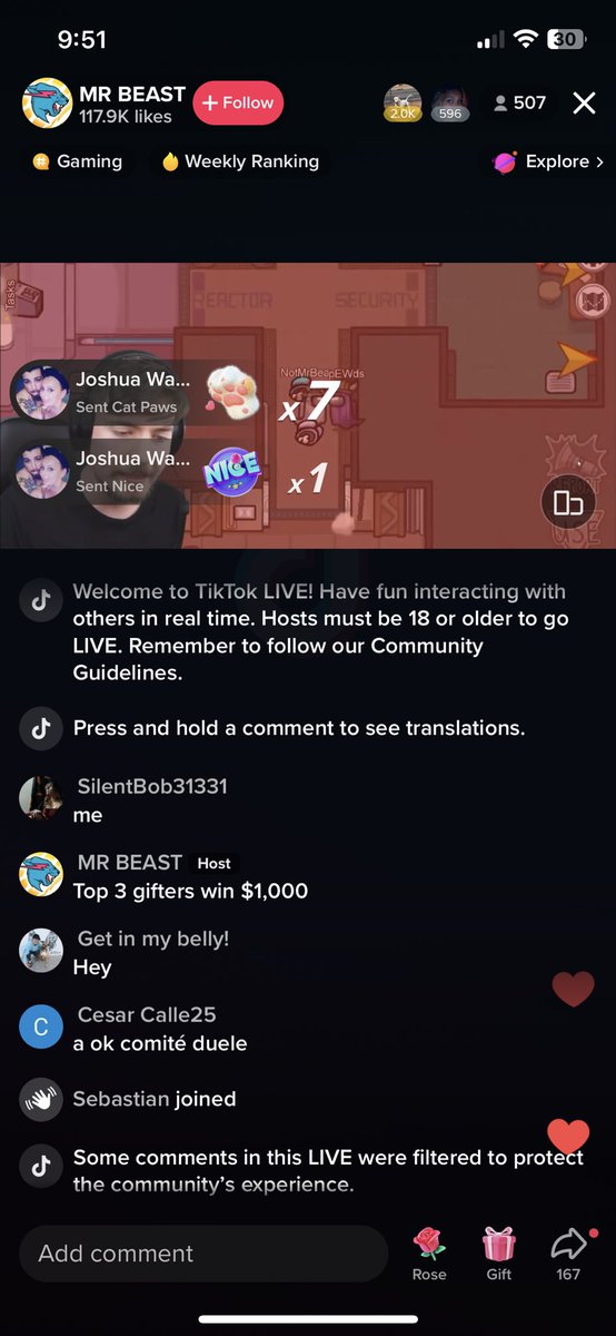 Traade_'s tweet image. People gifting this tiktok account because they think it’s @MrBeast saying they’ll get $1000 if they’re the top gifters. Somehow its built up 350k followers with a double s in livess 😭