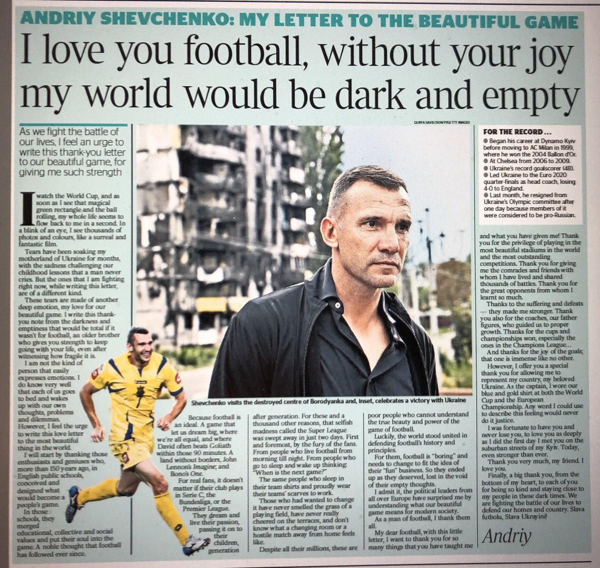 purbini's tweet photo. Déchirante lettre d’amour au jeu d’Andryi #Chevtchenko. C’est ce matin aussi dans @thetimes #Ukraine #coupedumonde2022 https://t.co/TQL94jduWM