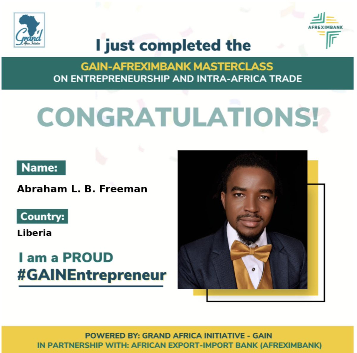 AbrahamLBFreem1's tweet photo. My effort in the social entrepreneurship space. Thanks to @GAIN_Africa and @afreximbank for making this journey possible. https://t.co/2TRNVrPRgl