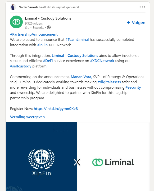 #PartnershipAnnouncement
We are pleased to announce that #TeamLiminal has successfully completed integration with XinFin #XDCNetwork. $XDC