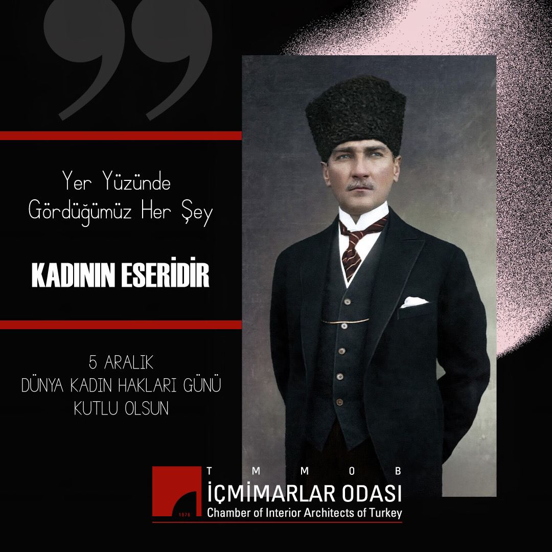 Bugün Ulu Önderimiz Mustafa Kemal ATATÜRK'ün başlattığı 5 Aralık Dünya Kadın Hakları Günü'nü kutluyoruz. 

TMMOB İçmimarlar Odası
26. Dönem Yönetim Kurulu

#5AralıkDunyaKadınHaklarıGunu
