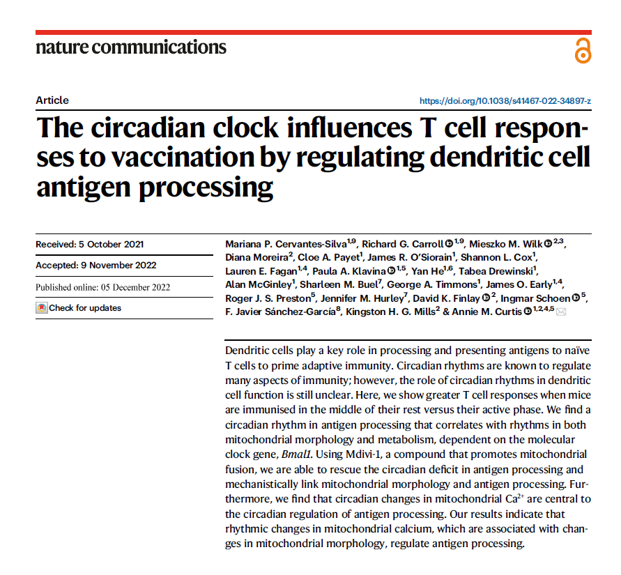 RCSIPharmBioMol's tweet photo. New publication today in @NatureComms led by  @Mariankiskis + Richard Carroll in @curtisclocklab offering insights into how our circadian rhythm influences our immune response to vaccines.

Read more in tweet + news from @RCSI_Irl below.

#RCSIDiscover 

https://t.co/OOrFQ3zl3i https://t.co/aBiHw2YLwA