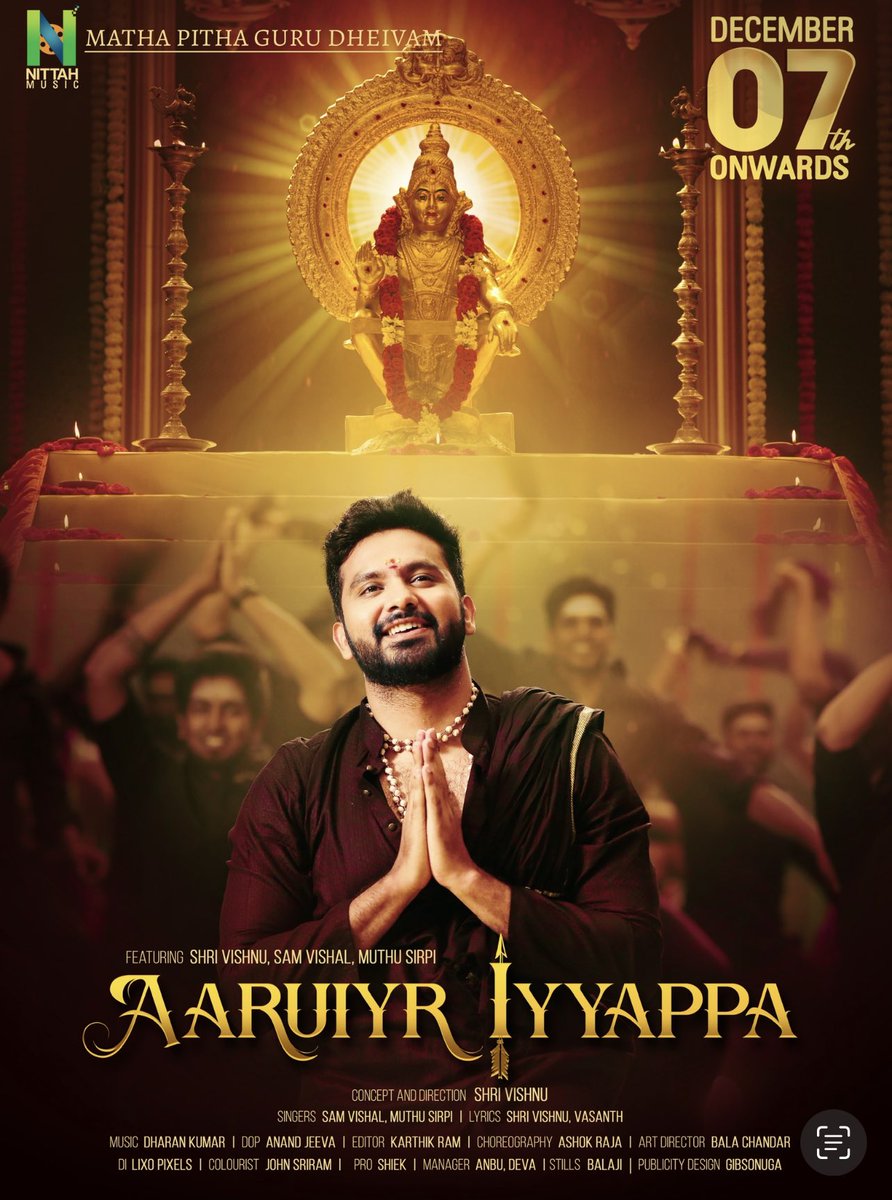 Chrissuccess's tweet photo. Music Video #AaruyirAyyappa | Dec 7

Shri Vishnu, Sam Vishal &amp; Muthusirpi.

Music - Dharankumar
Singers - Sam Vishal, Muthu Sirpi

Concept &amp; Direction Shri Vishnu.

NITTA MUSIC Release.
https://t.co/EYxbiPHfJh https://t.co/LOOenQm6cB