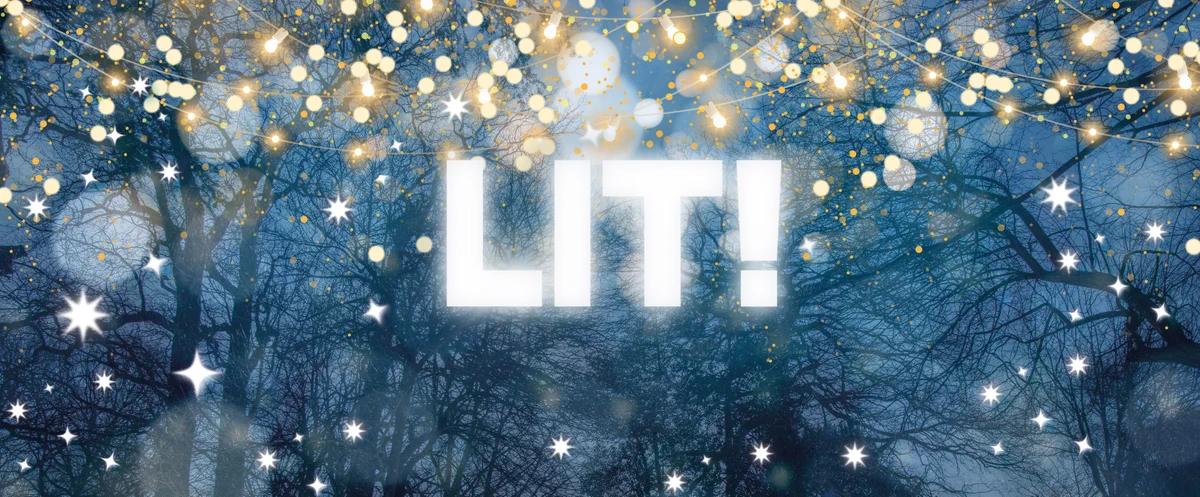 Beckenham Place Park at night with glowing fairy lights along the tree tops. Text: LIT!