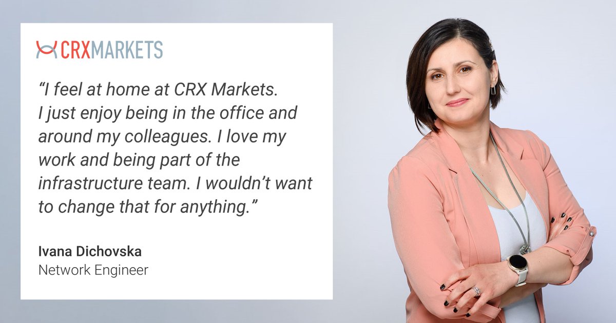 CRXMarkets's tweet photo. In order to be successful in your job, it is important to feel comfortable in your team and to be perceived and valued as part of it. ❤️

Find out why our Network Engineer Ivana loves working at CRX Markets: 

👉https://t.co/w855IjjEqR

#munich #fintech #jobvacancies #nowhiring https://t.co/EvCyF2DELo