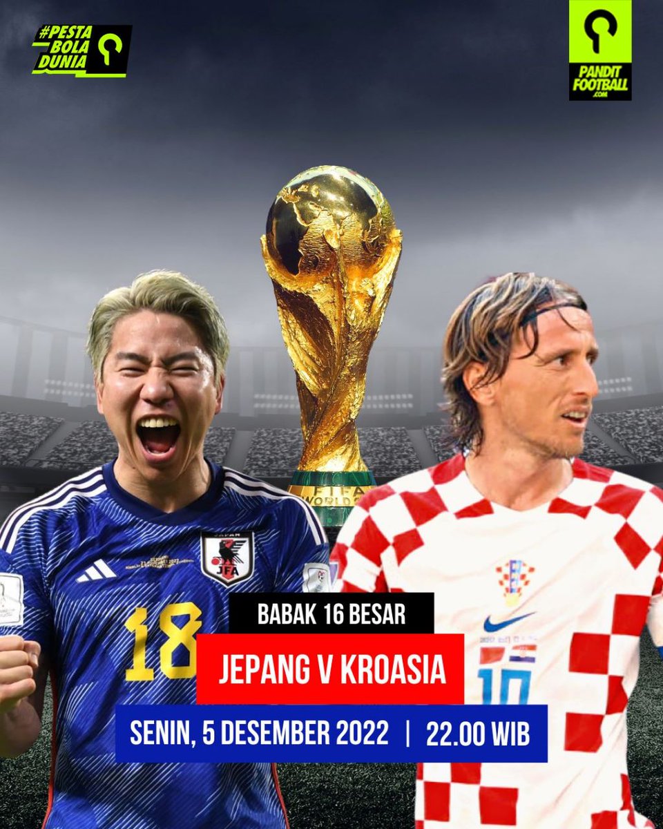 panditfootball's tweet photo. 🚨 SAATNYA KUIS 🚨

Berapa skor akhir pertandingan Jepang vs Kroasia? 

Hadiahnya t-shirt terbaru dari Pandit Merch 🥳

Tulis jawabannya di kolom reply, ya. Syaratnya follow dan mention @panditfootball

Jangan lupa pakai tagar #PestaBolaDunia https://t.co/1kqSgc8loi
