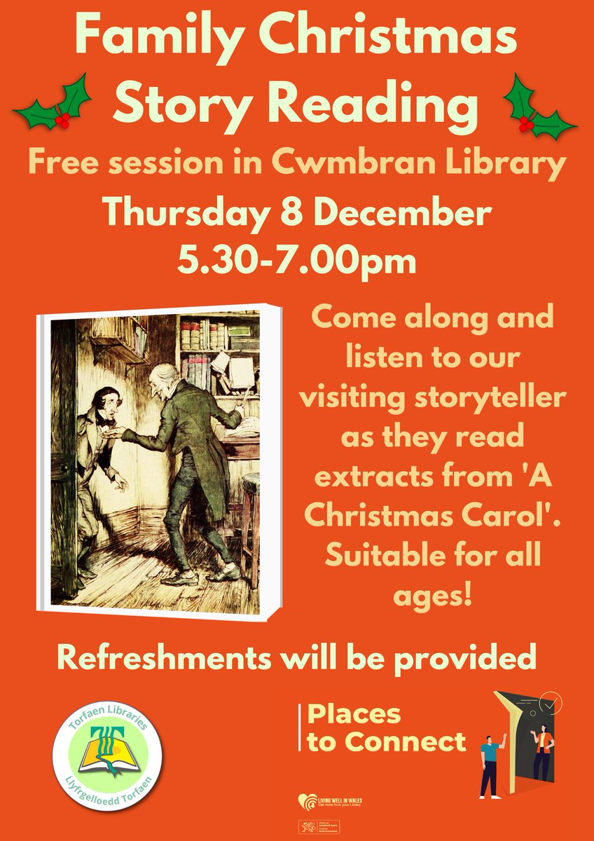 TorfaenLibrary's tweet photo. Come along and listen to our visiting storyteller as they read extracts from 'A Christmas Carol'. Suitable for all ages!
Cwmbran Library, Thursday 8 December @ 5.30-7.00pm.
#PlacesToConnect #LoveLibraries #Storiesinthelibrary https://t.co/JFDxflHYvo