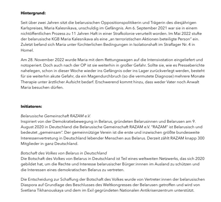 Freiheit für #Kalesnikava ! Freiheit für alle politischen Gefangenen! #freeBelarus Jetzt unterstützen, Brief unterzeichnen👇