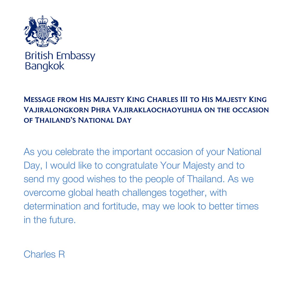 ukinthailand's tweet photo. สุขสันต์ #วันชาติไทย 🇹🇭 สมเด็จพระเจ้าชาร์ลส์ที่ 3 แห่งสหราชอาณาจักรทรงส่งพระราชสาส์นแสดงความยินดียังพระบาทสมเด็จพระวชิรเกล้าเจ้าอยู่หัว และความปรารถนาดีมายังประชาชนชาวไทยเนื่องในโอกาสวันชาติไทย https://t.co/STh3P14gOM