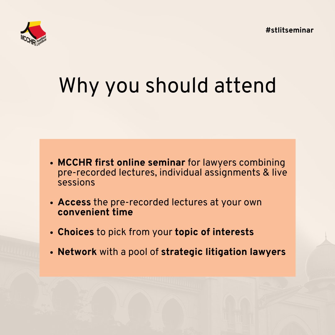 PusatRakyatLB's tweet photo. CALL FOR APPLICATIONS!! 👀📣

MCCHR Seminar Series on Freedom of Thought, Conscience, and Religion (FoTCR) for lawyers.

Apply now at https://t.co/pat2rUe1RE

#stlitseminar #seminar2023 https://t.co/yiyHUqMYQh