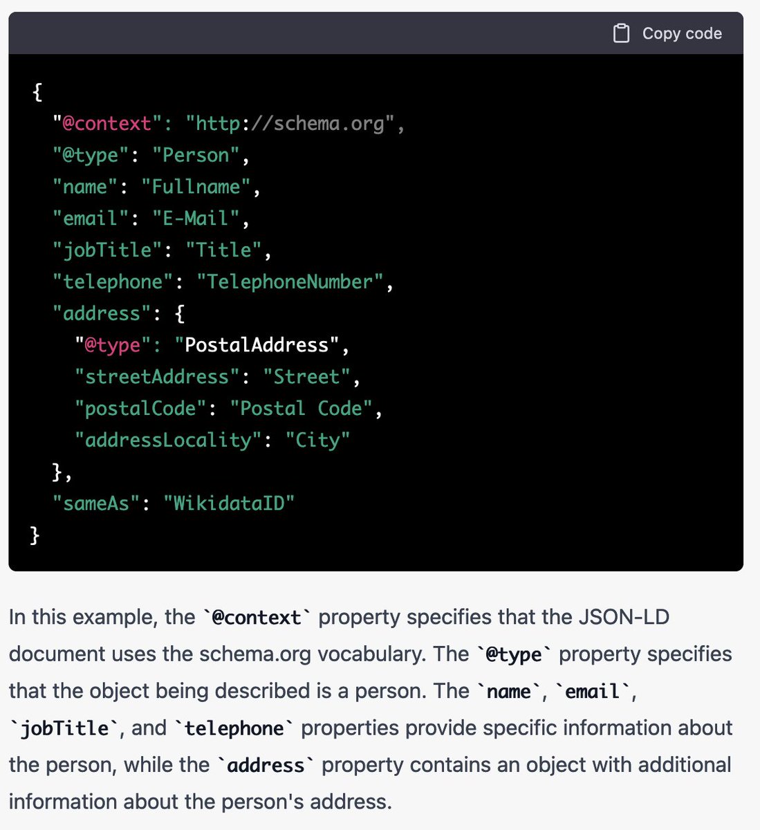 linkedktk's tweet image. I just wet my pants, I gave chat.openai.com a header of a CSV and asked how to map it to JSON-LD using schema.org vocab.
I mean that was probably an easy one but still, holy fuck