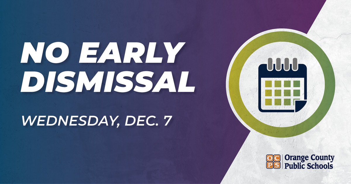 As a friendly reminder, there will be no early dismissal this Wednesday, December 7.