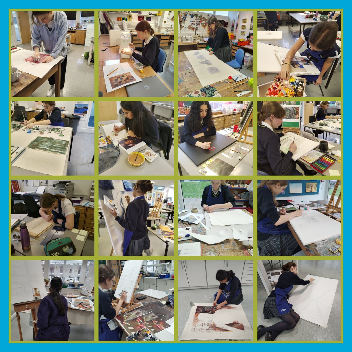 croydonhighart's tweet photo. And we are off #ArtExam #10hours #15hours #textiles #printmaking #painting #installation @croydonhighart @croydonhigh sometimes when the easel or tables are not big enough you have to work on the floor! #ambitious #risktaking #problemsolving #Independent #yr11 #yr13 https://t.co/EnmElJ5QNs