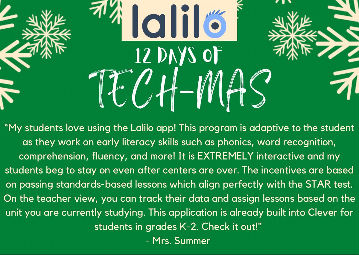 mslaurenberry's tweet photo. Merry Tech-Mas Day 3! @Lalilo_Literacy is incredible for Early Literacy! Check out what our 2nd Grade Team Lead @awagster14 said about it! @CollierCharter @CSUSA_FL_IT @CSUSAhq @rwindlerfreitag #InnovEd #MerryTechMas #CSUSAproud https://t.co/NEKjTScf3y