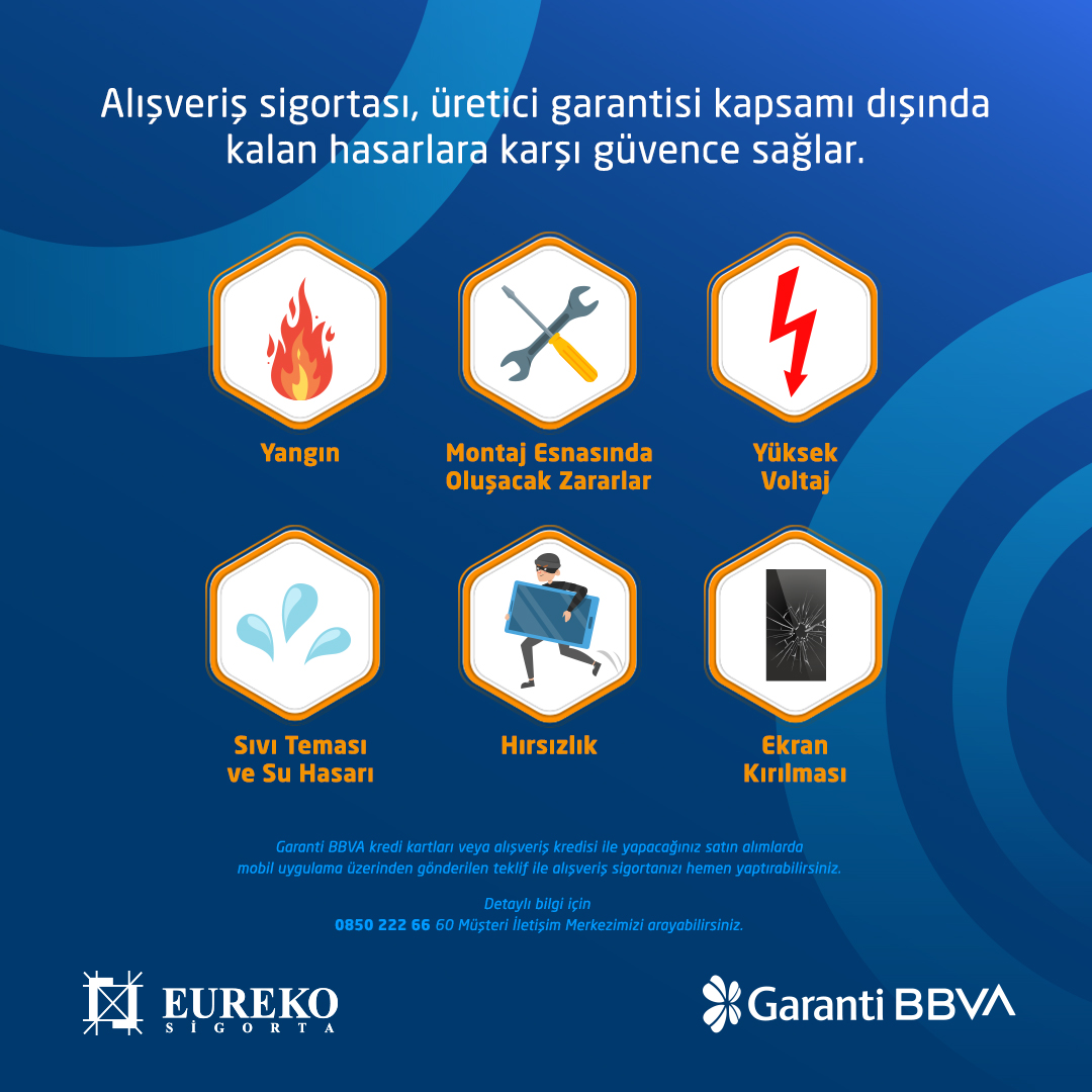Teknolojik ürünlerinizi gönül rahatlığıyla kullanın diye, Garanti BBVA kredi kartı ve alışveriş 
kredisiyle alacağınız elektronik aletlerinizi garanti kapsamı dışındaki hasarlara karşı uygun fiyatlarla güvence altına alıyoruz. #eurekosigorta