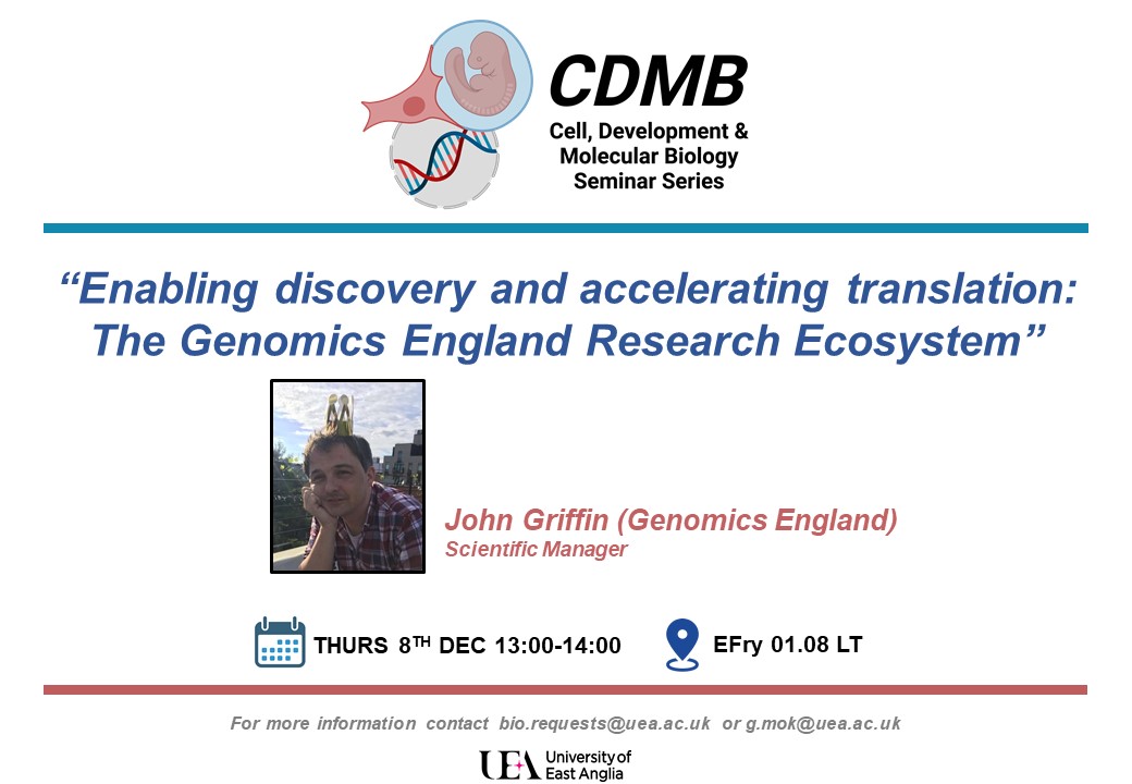 A big BIO welcome back to our CDMB guest speaker this Thursday, John Griffin from @GenomicsEngland with host @gifaymok   See you there!  #BIOcdmbseminars #UEAScience