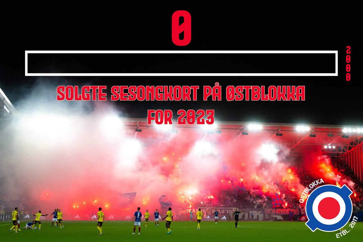 Sesongkortsalget for 2023 er i gang! Vi har satt oss som mål å nå 2000 solgte sesongkort på Østblokka. Ta del i felleskapet, og bidra til stemninga på tribunen sesongen 2023! Klubben sørger for elleville priser ut desember, så her gjelder det å være raske. KJØP SESONGKORT!