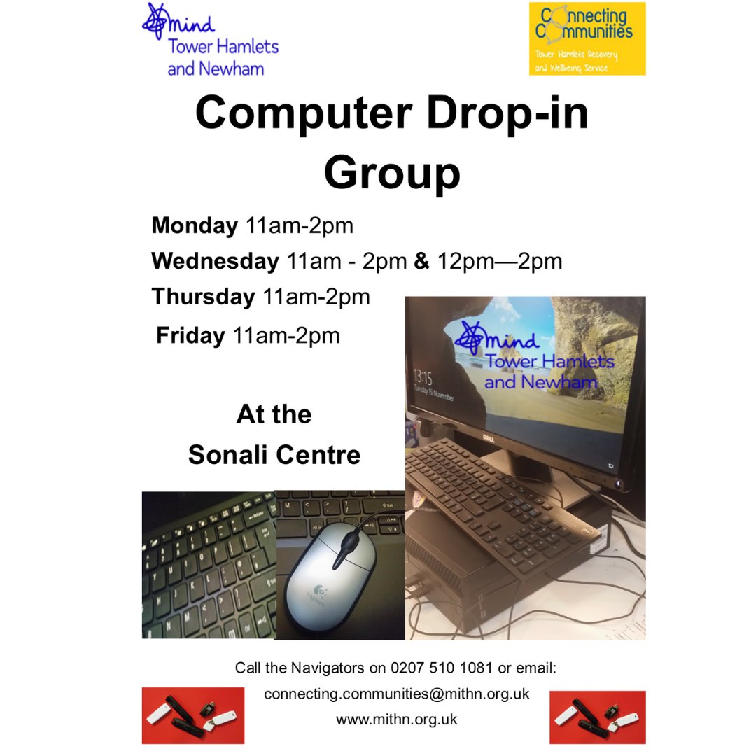Come &amp; brush up on your computer skills!
Join the weekly Computer Drop-in Group
#computerskills #mentalhealth #wellbeing #towerhamlets #sonalicentre
<a href="/LAHArtsHealth/">London Arts and Health</a>, @WorkingWellT <a href="/NHS_ELFT/">East London NHS Foundation Trust (ELFT)</a> <a href="/CollegeTh/">Tower Hamlets Recovery College</a> <a href="/Hestia1970/">Hestia</a> <a href="/TH2GETHER/">TowerHamletsTogether</a> <a href="/THGPCareGroup/">Tower Hamlets GP Care Group</a> <a href="/StHildasEast/">St Hilda's East</a> <a href="/Bromley_by_Bow/">BromleybyBow Centre</a>