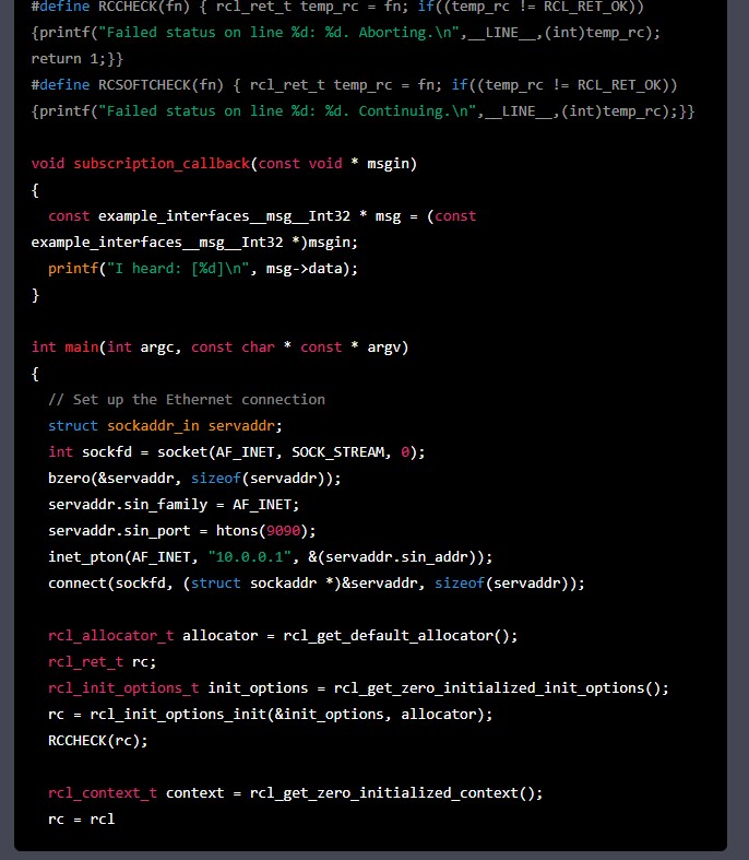 kamathsblog's tweet image. Update: #chatGPT does actually write #microROS nodes. Yesterday, it returned seemingly correct code but not exactly microROS. Turns out my input prompt was incorrect, here&apos;s my second attempt using &apos;microROS&apos; instead of &apos;micro-ROS&apos;.