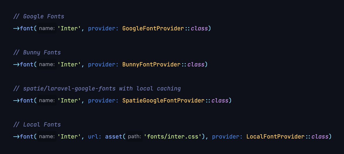 danjharrin's tweet image. ⚡️ Additionally, you can even specify which font service is used to fetch your fonts! All in PHP.

We will support Google Fonts, Bunny Fonts, local fonts...

and a new plugin for @spatie_be&apos;s laravel-google-fonts package - which caches Google fonts locally!