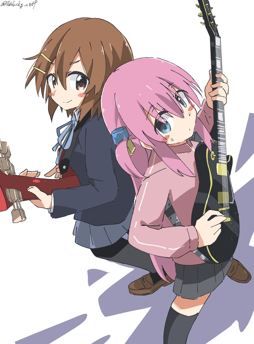 gotou hitori ,hirasawa yui gibson les paul multiple girls 2girls pink hair grey skirt hair ornament instrument  illustration images