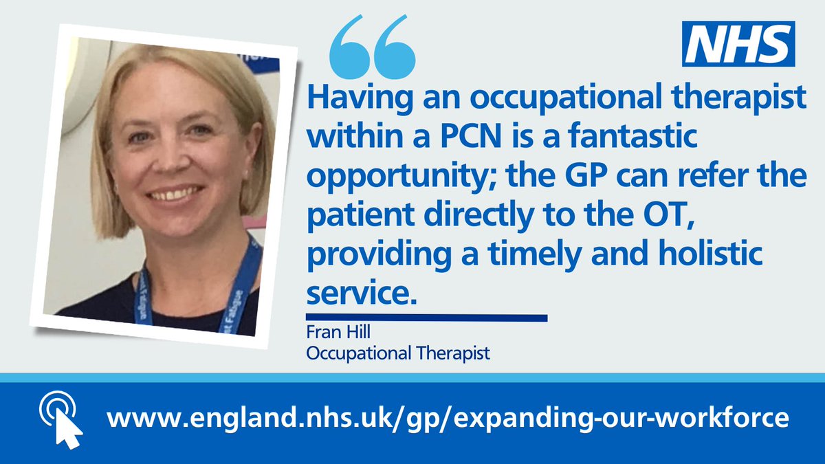 An #OccupationalTherapist working in your #GeneralPractice can support patients of all ages with problems resulting from physical, mental, social, or developmental difficulties. 

Find out more ➡️ england.nhs.uk/gp/expanding-o…

#PrimaryCare #GeneralPracticeTeam